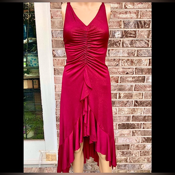 Y2K Red Burgundy Gold Sparkle Stretchy Salsa Ruffle Dress - Picture 1 of 7